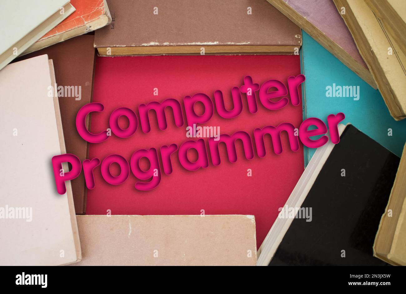 Computerprogrammierer-Wort in einem offenen Buch mit alten, natürlichen Mustern und altem Papierdesign. Stockfoto