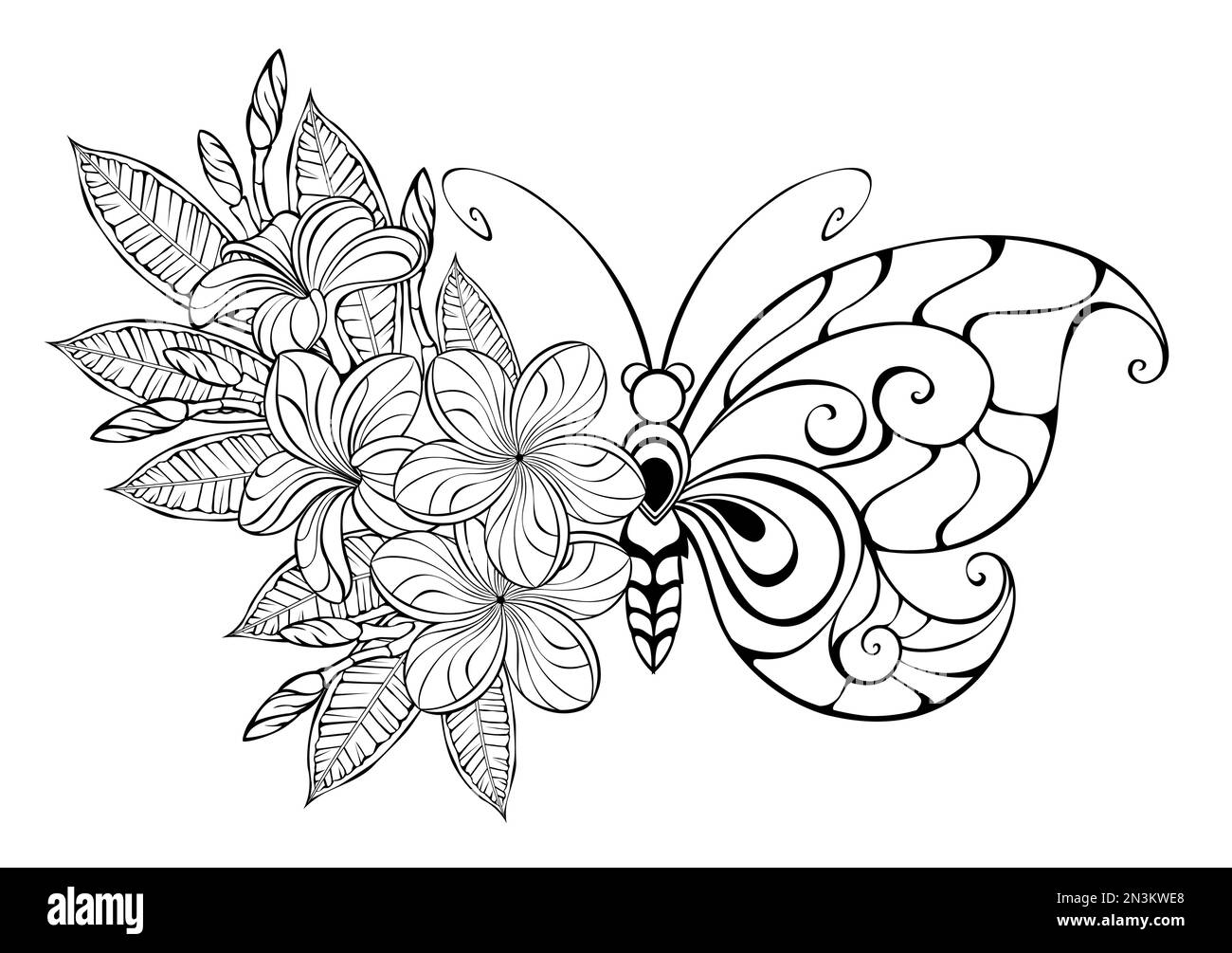 Konturierter, blumiger Schmetterling mit Fantasy-Flügel, dekoriert mit Blumen und Blättern einer exotischen, konturierten Plumeria auf weißem Hintergrund. Blumenschmetterling. Stock Vektor