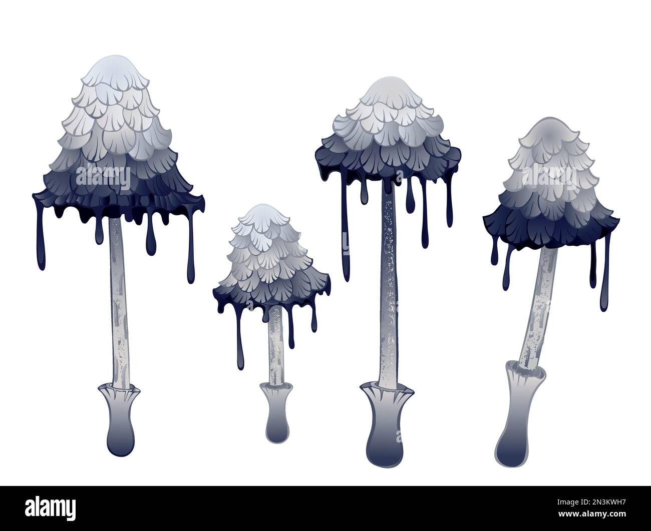 Eine Reihe künstlerisch gezeichneter, realistisch grauer Pilze mit Streifen auf weißem Hintergrund. Cottagecore. Mushroomcore. Stock Vektor