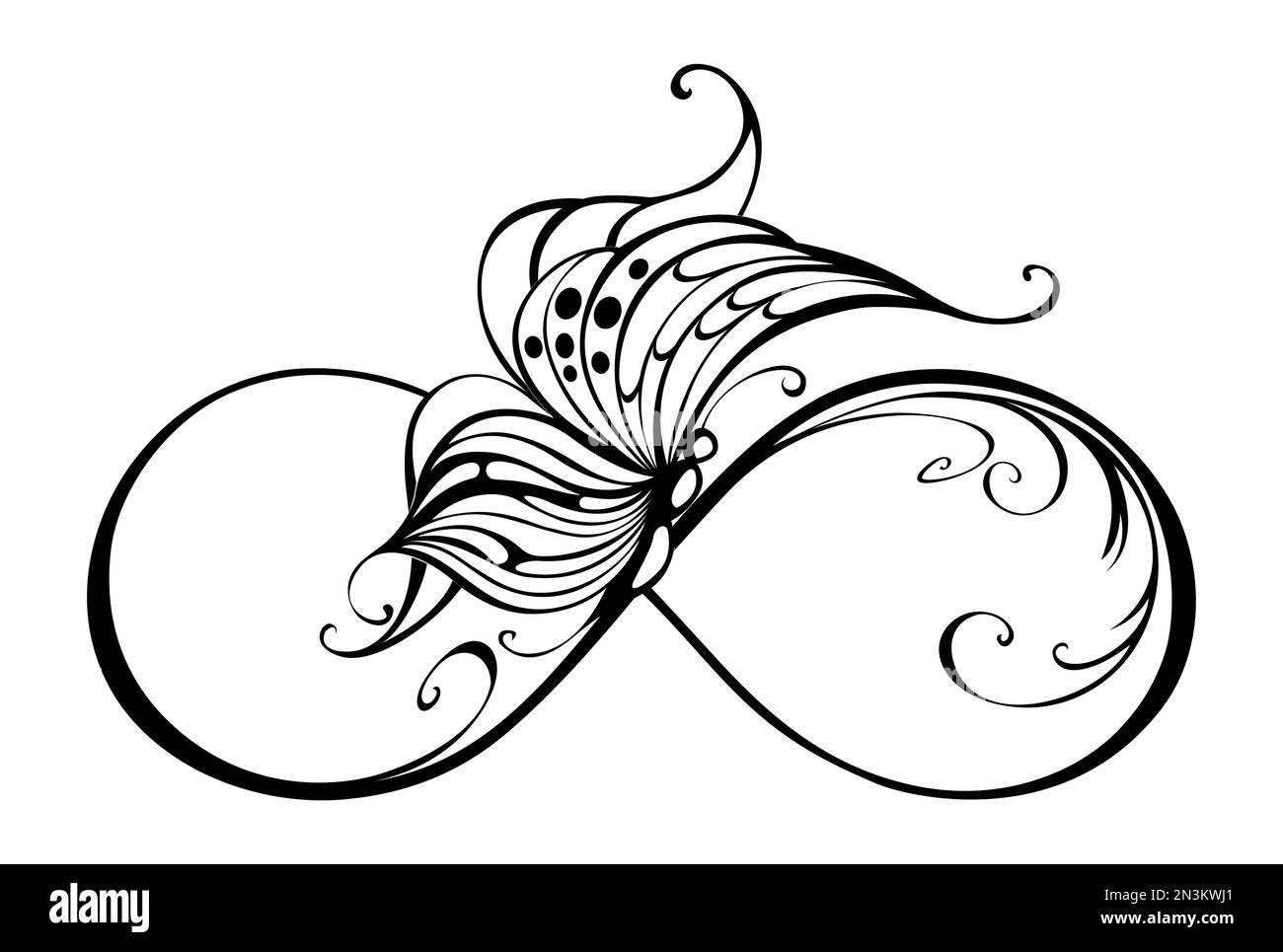 Schwarzes Unendlichkeitssymbol mit einer sitzenden, künstlerisch gezeichneten Motte auf weißem Hintergrund. Tattoo-Stil. Schmetterling konturieren. Stock Vektor
