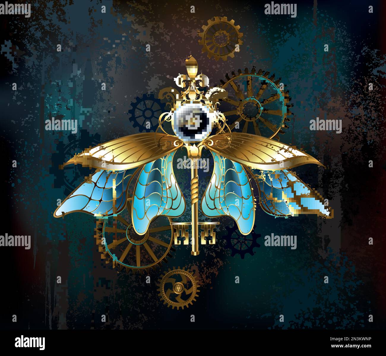 Antik, Schmuck, goldener Schlüssel mit weißer Uhr, dekoriert mit transparenten, blauen Insektenflügeln auf abgenutztem, braunem Steampunk-Hintergrund. Steampunk-Style. Stock Vektor
