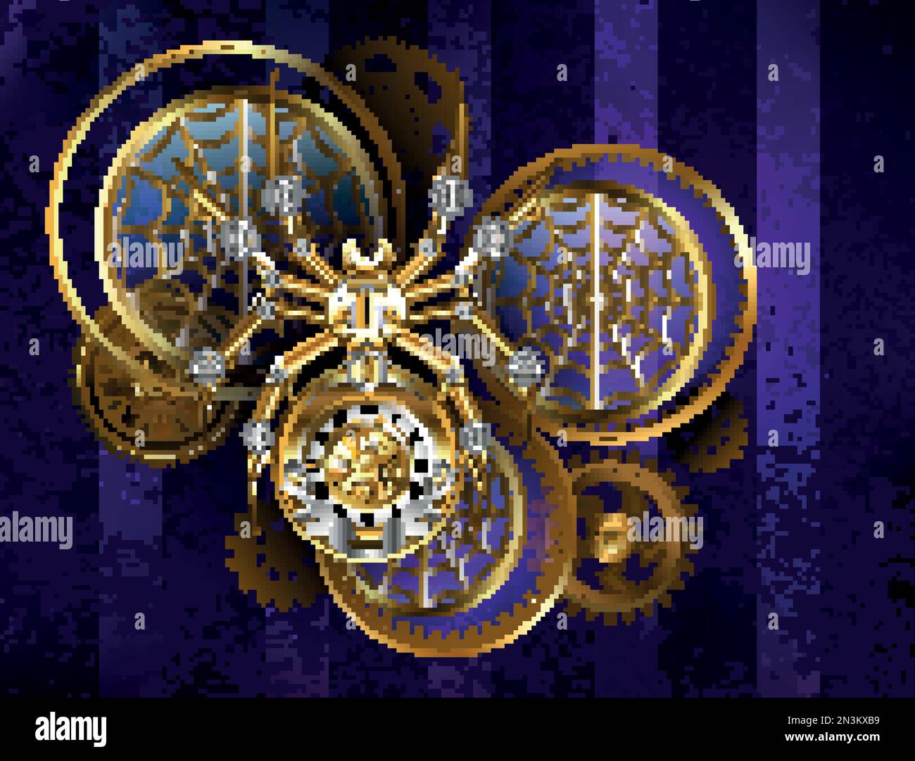 Steampunk-Spinne aus Gold und Stahl mit antiken Uhren, die mit goldenen Zahnrädern auf lila, gestreiften, strukturierten Hintergründen mit Linsen und Messing g dekoriert sind Stock Vektor