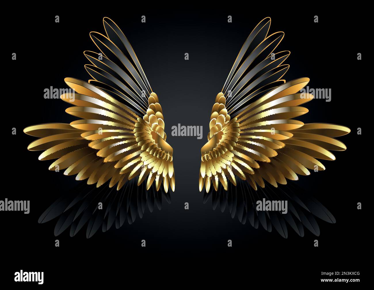 Gold, Schmuck, Kolibri-Flügel auf schwarzem Hintergrund. Stock Vektor