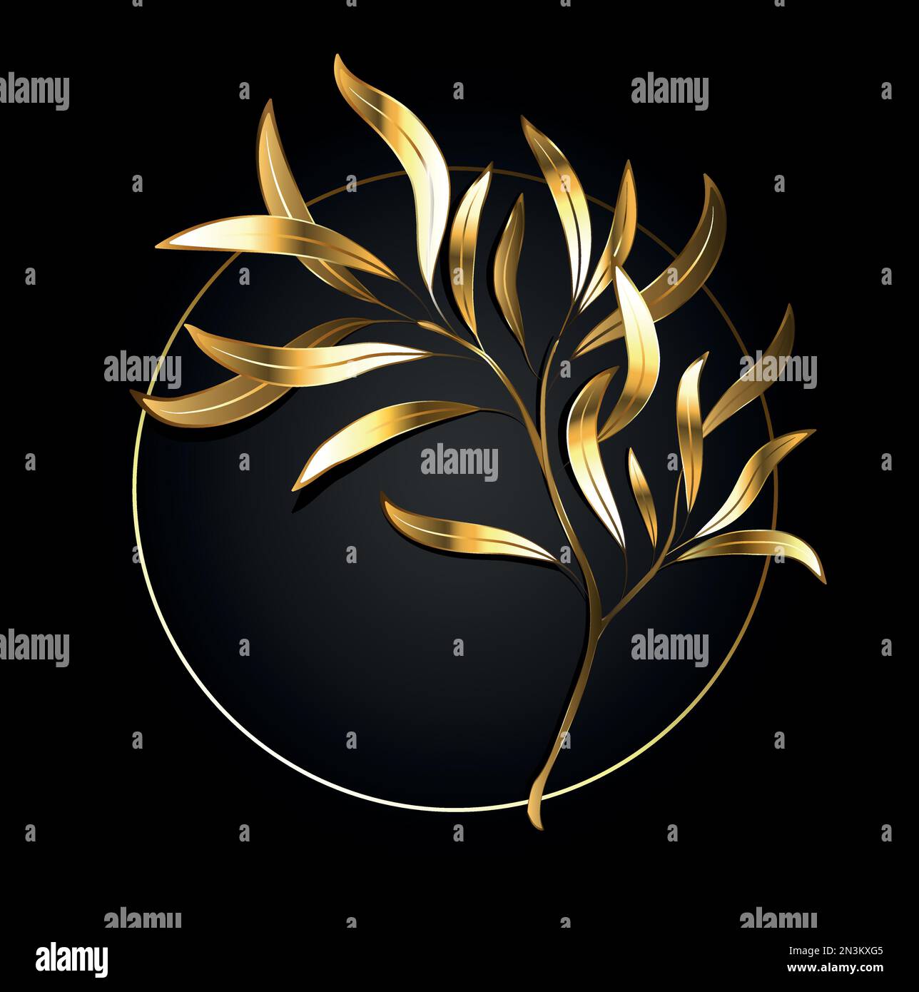 Elegantes, rundes Monogramm aus glänzendem Gold mit Schmuck, luxuriöser goldener Weidenzweig auf schwarzem Hintergrund. Goldener Weidenzweig. Stock Vektor