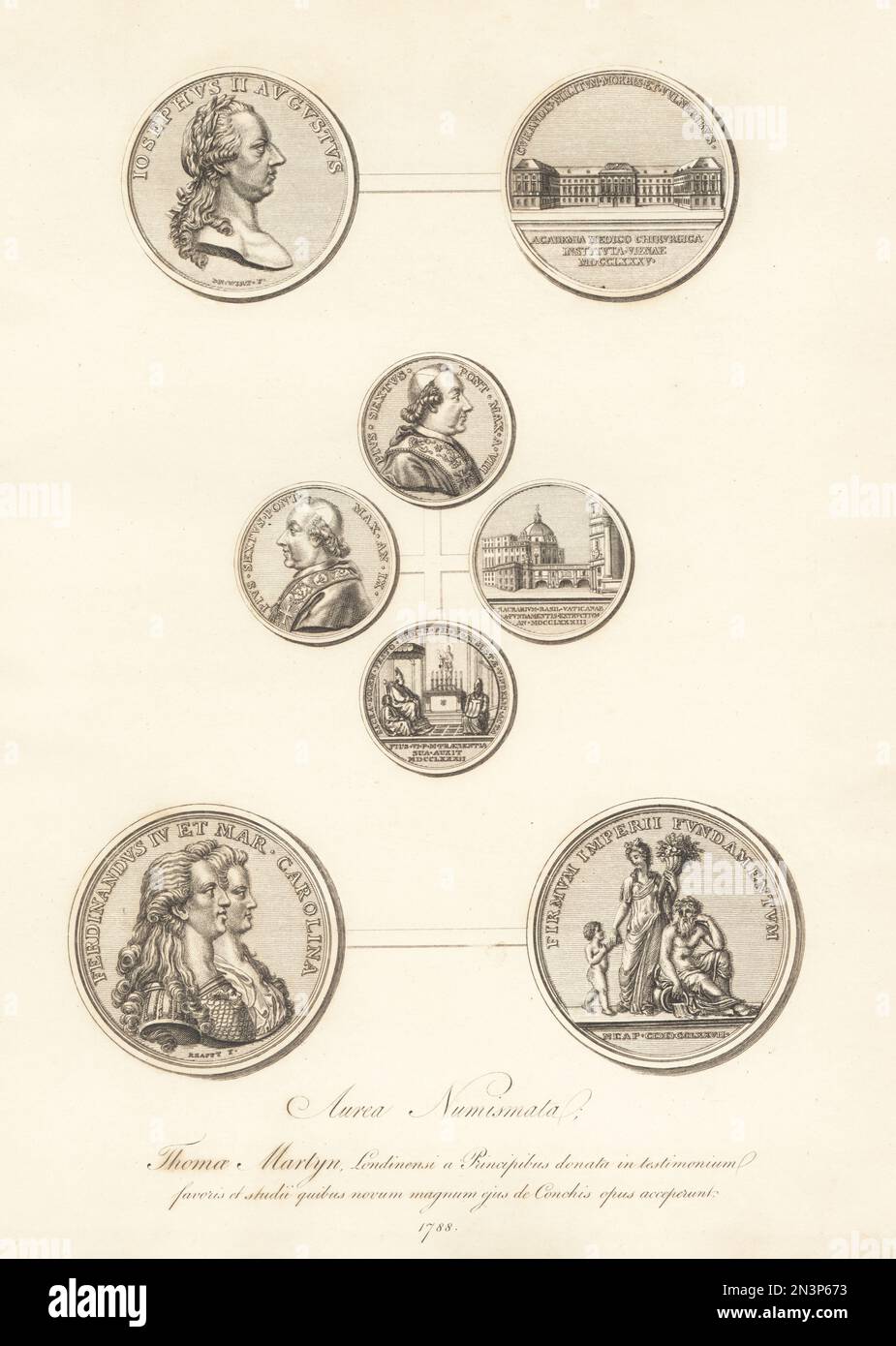 Goldmedaillen des Heiligen römischen Kaisers Joseph II. Von Johann Nepomuk Wirt, Papst Pius VI. Und König Ferdinand IV. Und Maria Carolina Neapel und Sizilien von Martin Krafft, verliehen an Thomas Martyn. Aurea Numismata. Kupferplatten-Gravur von Thomas Martyns dem englischen Entomologen, der alle koleopterösen Insekten aus England ausstellt, Akademie für Illustration und Malen der Naturgeschichte, London, 1792. Stockfoto