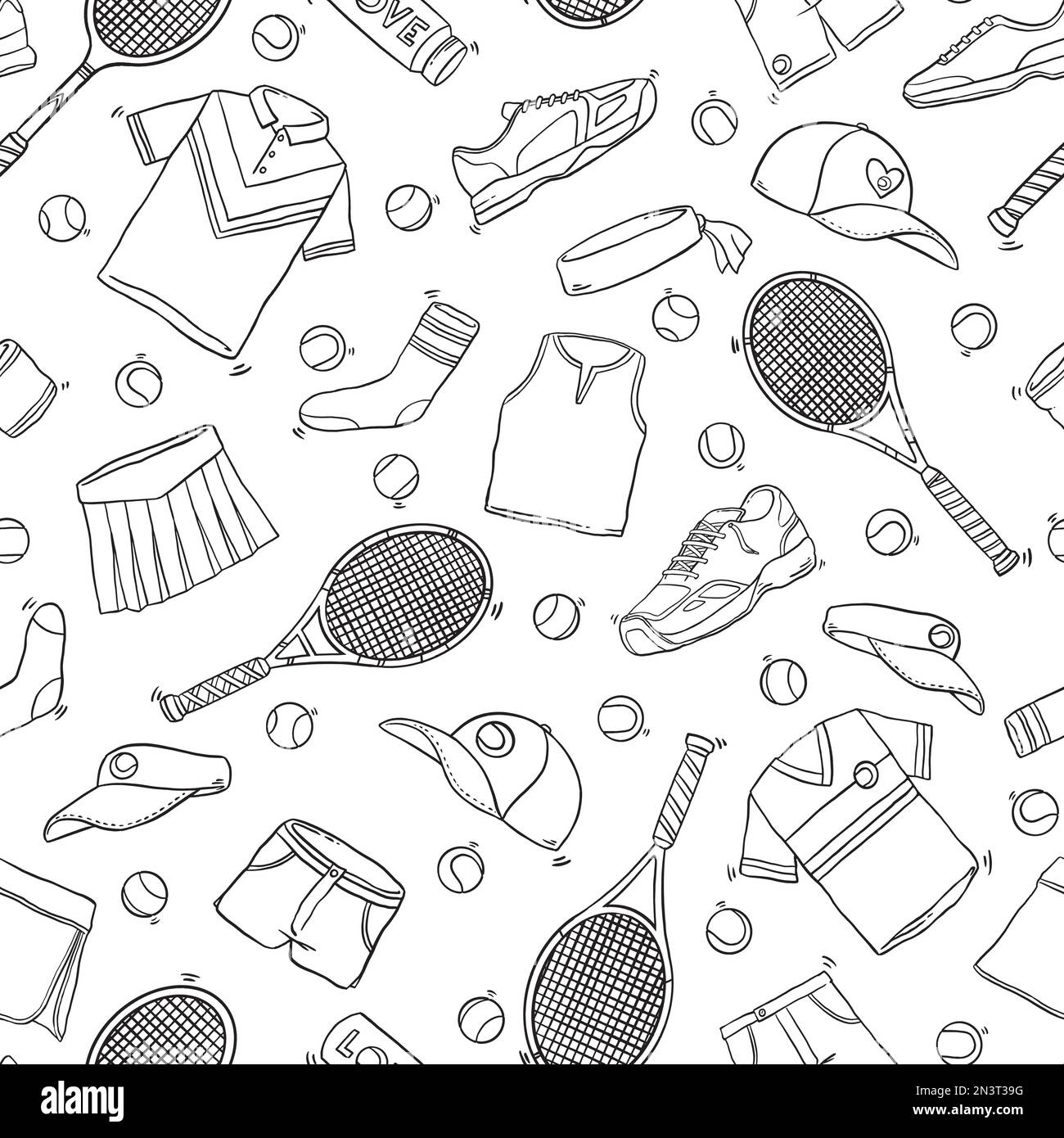 Tennis Doodle Nahtloses Muster. Hintergrund der Vektordarstellung für Cartoon-Illustrationen. Für Druck, Textil, Web, Inneneinrichtung, Mode, Oberfläche Graphik de Stock Vektor