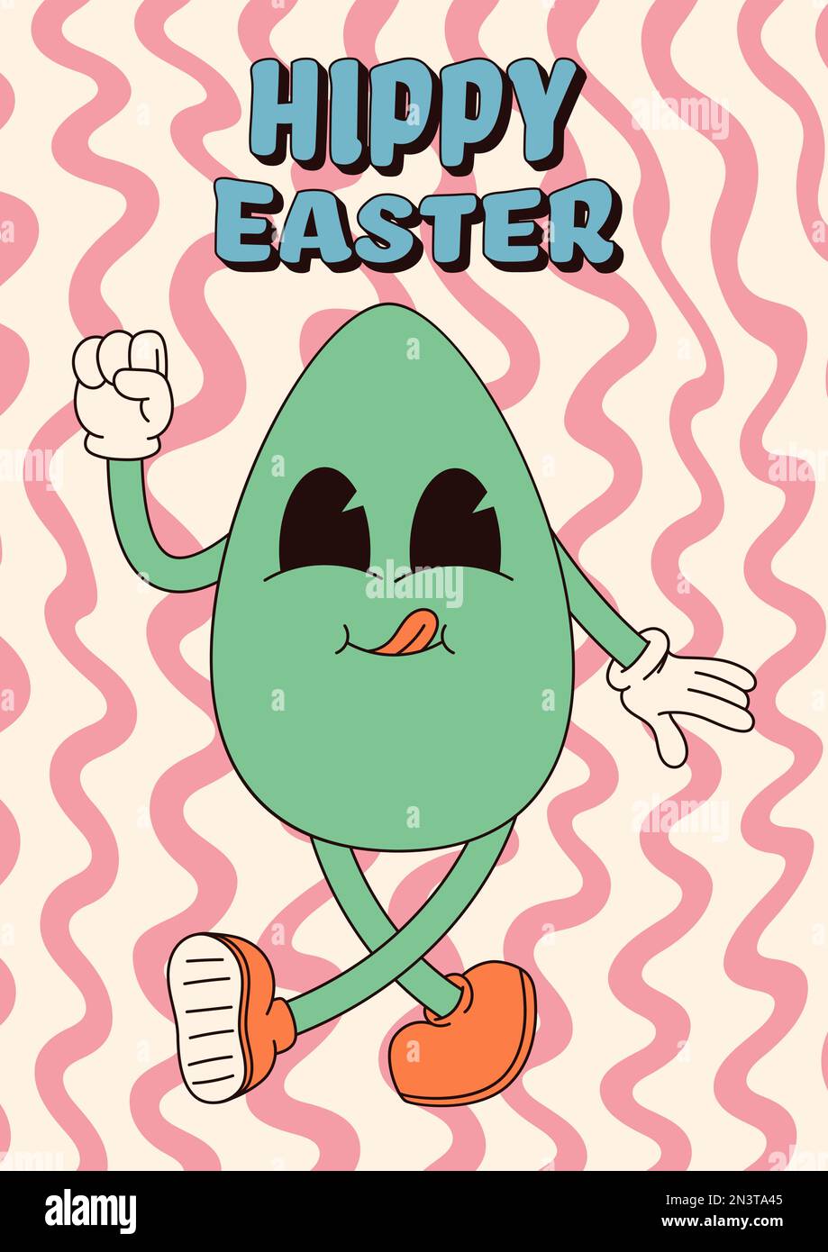 Tolle Hippie-Poster zu Ostern. Ostereier. Vektorkarte im modischen Retro-60s 70s-Cartoon-Stil. Stock Vektor