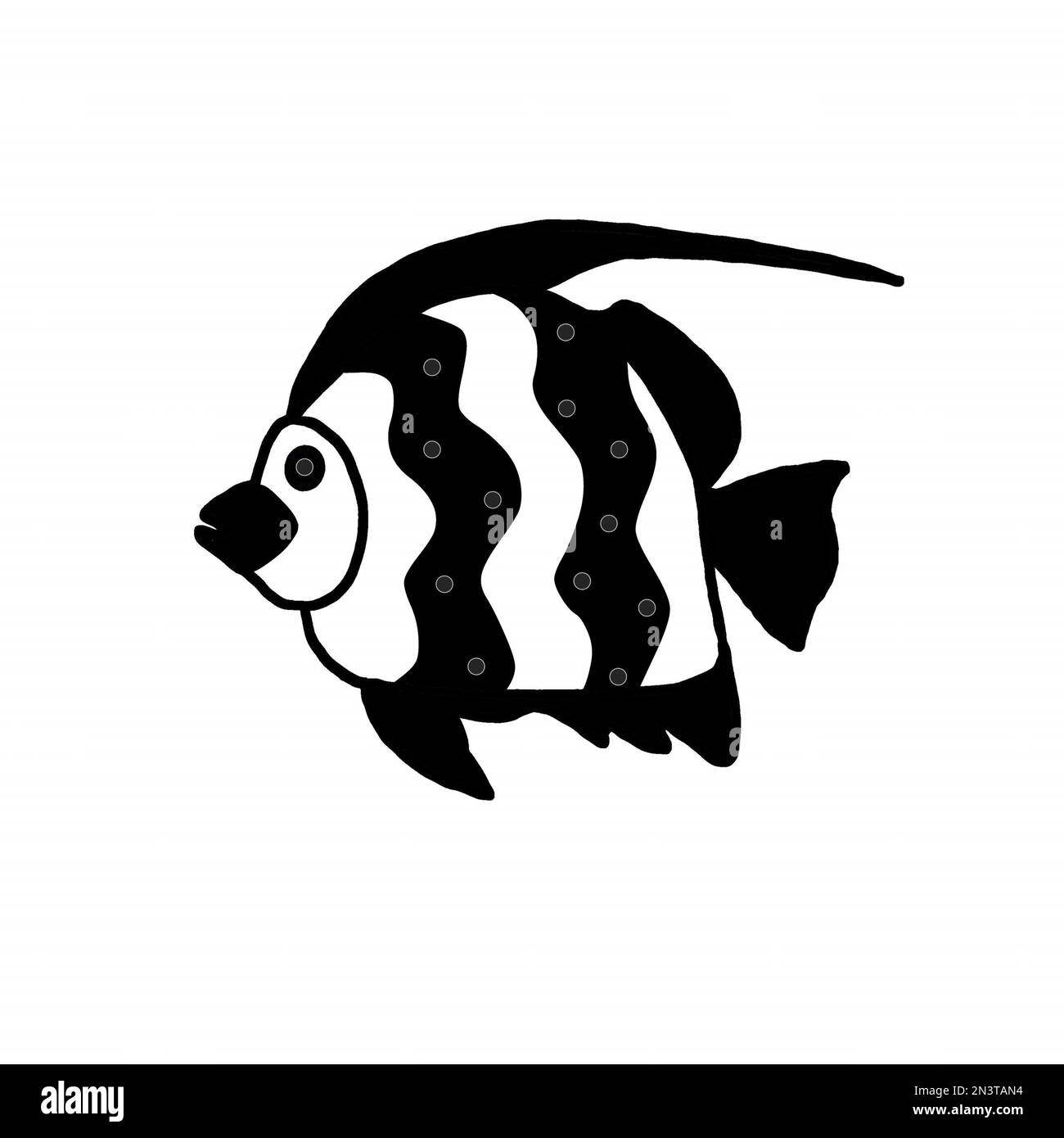 Weiße Seefische mit schwarzen, gesprenkelten Flossen. JPEG-Darstellung der Unterwasserwelt für Stoffe, Textilien, Verpackungen, Geschenke, Karten, Bettwäsche, Drucke. Stockfoto