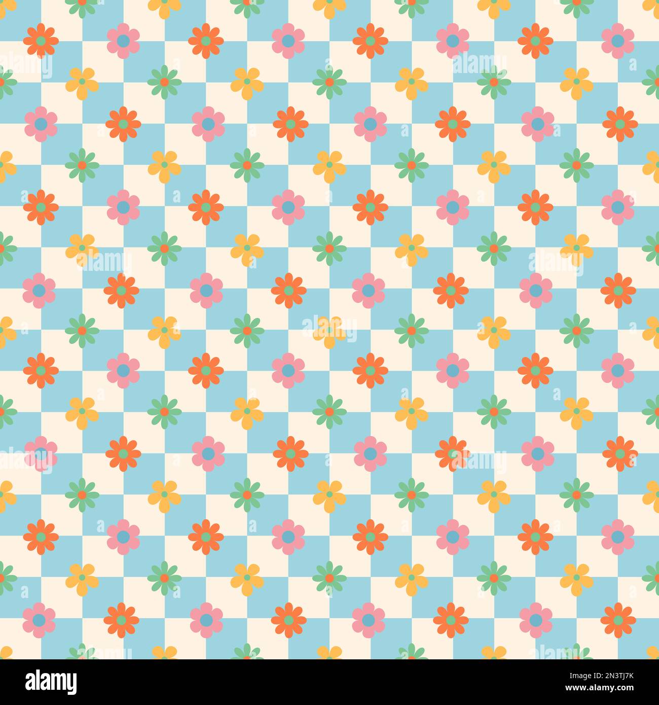 Groovy Hippie Happy Easter Nahtloses Muster. Hintergrund mit Blumen im modischen Retro-Cartoon-Stil der 60s 70s Jahre. Stock Vektor