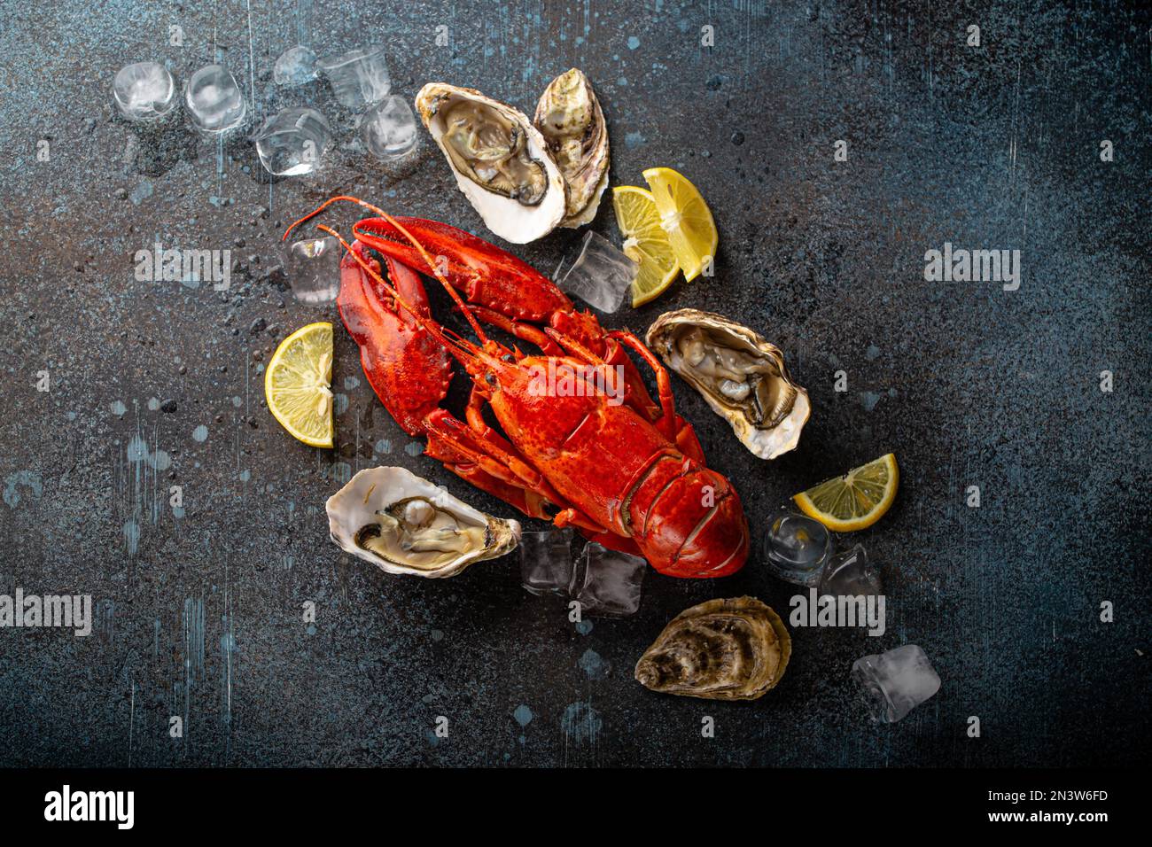Gekochter, roter Hummer, fertig zum Essen, und frische, offene Austern serviert mit Zitronenschnitten und Eiswürfeln, Blick von oben flach auf blauem Betonstein Stockfoto