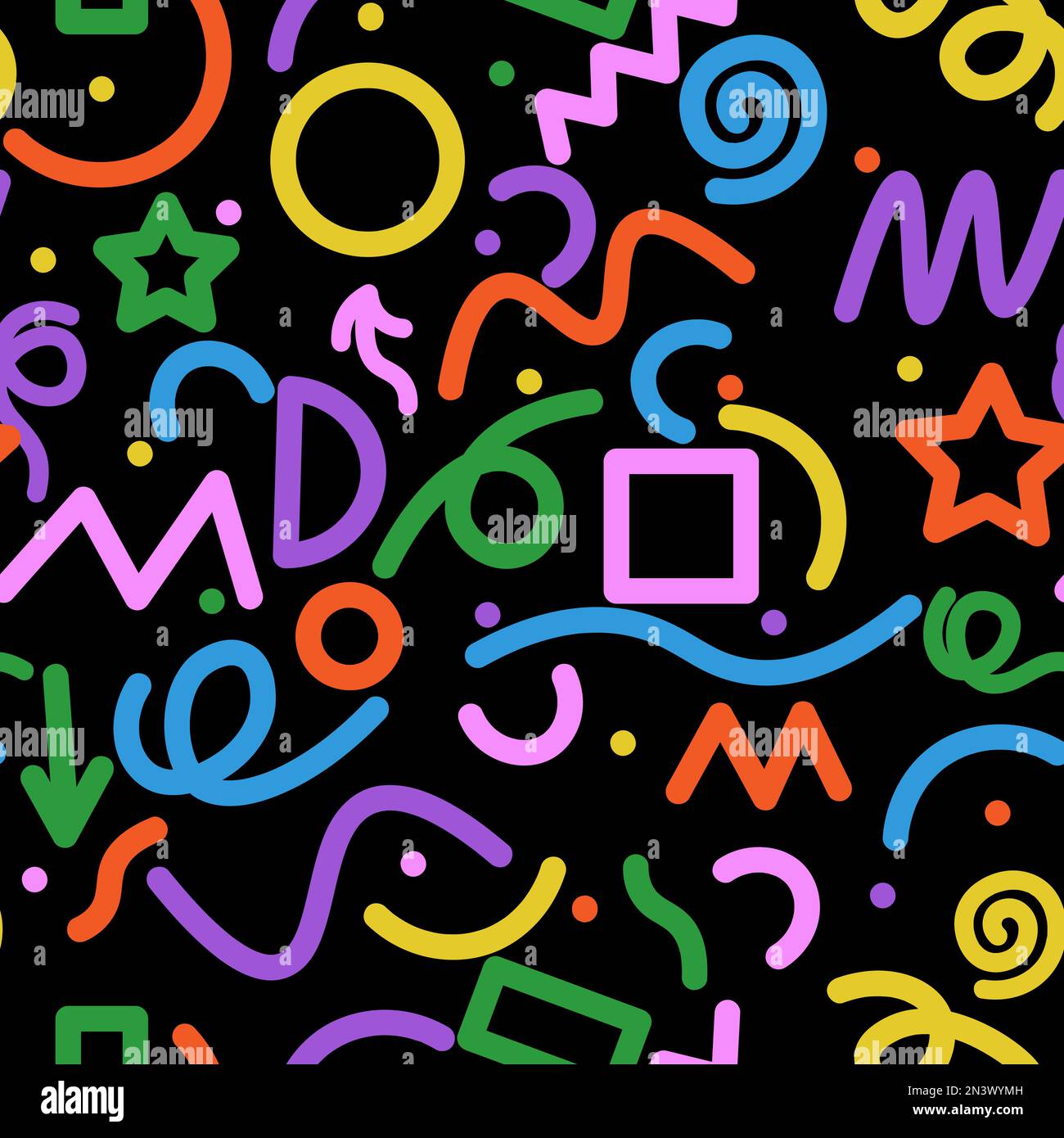 Fröhliche, farbenfrohe Linien auf schwarzem Hintergrund und nahtloses Muster. Kreative abstrakte Kunstkollektion für Kinder oder festliches Weihnachtsdesign Stock Vektor