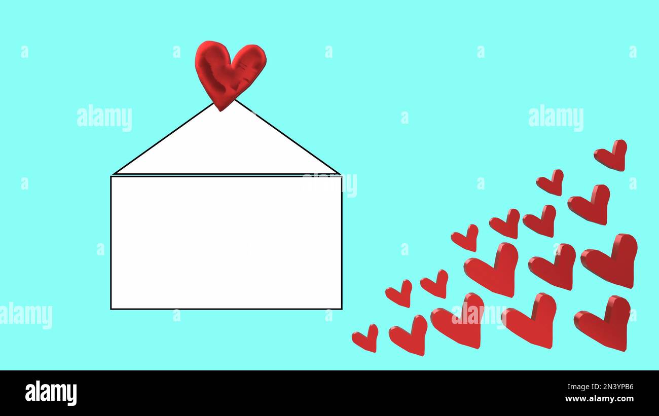 Love Grußkonzept Umschlag und rote Herzen auf hellblauem Hintergrund Draufsicht Stockfoto