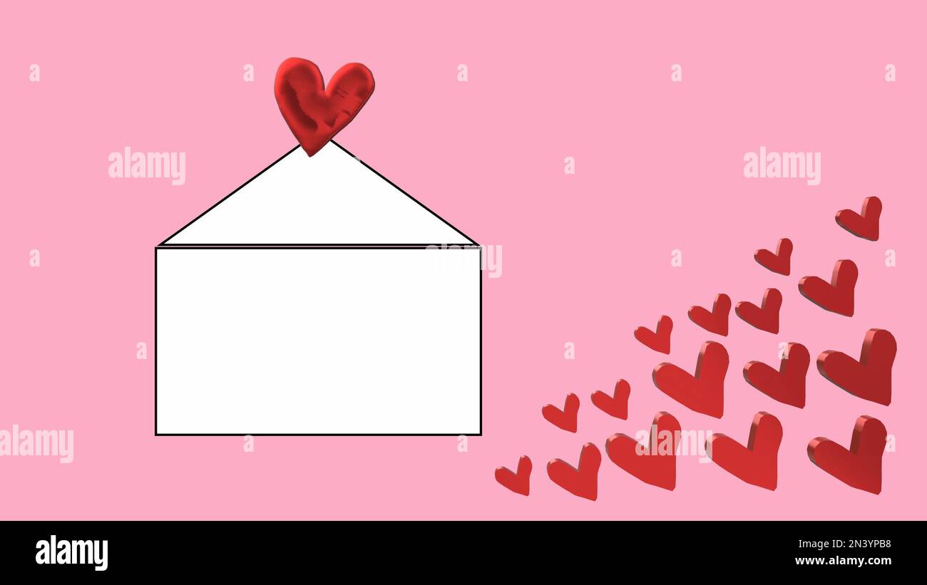 Love Grußkonzept Umschlag und rote Herzen auf pinkfarbenem Hintergrund Draufsicht Stockfoto