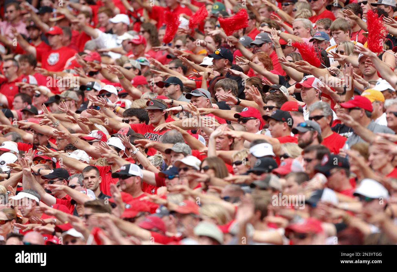 Georgia fans cheer on the Bulldogs in the second half of an NCAA college football game against Tennessee Saturday, Sept. 27, 2014, in Athens, Ga. Georgia won 35-32. (AP Photo/John Bazemore) Stockfoto