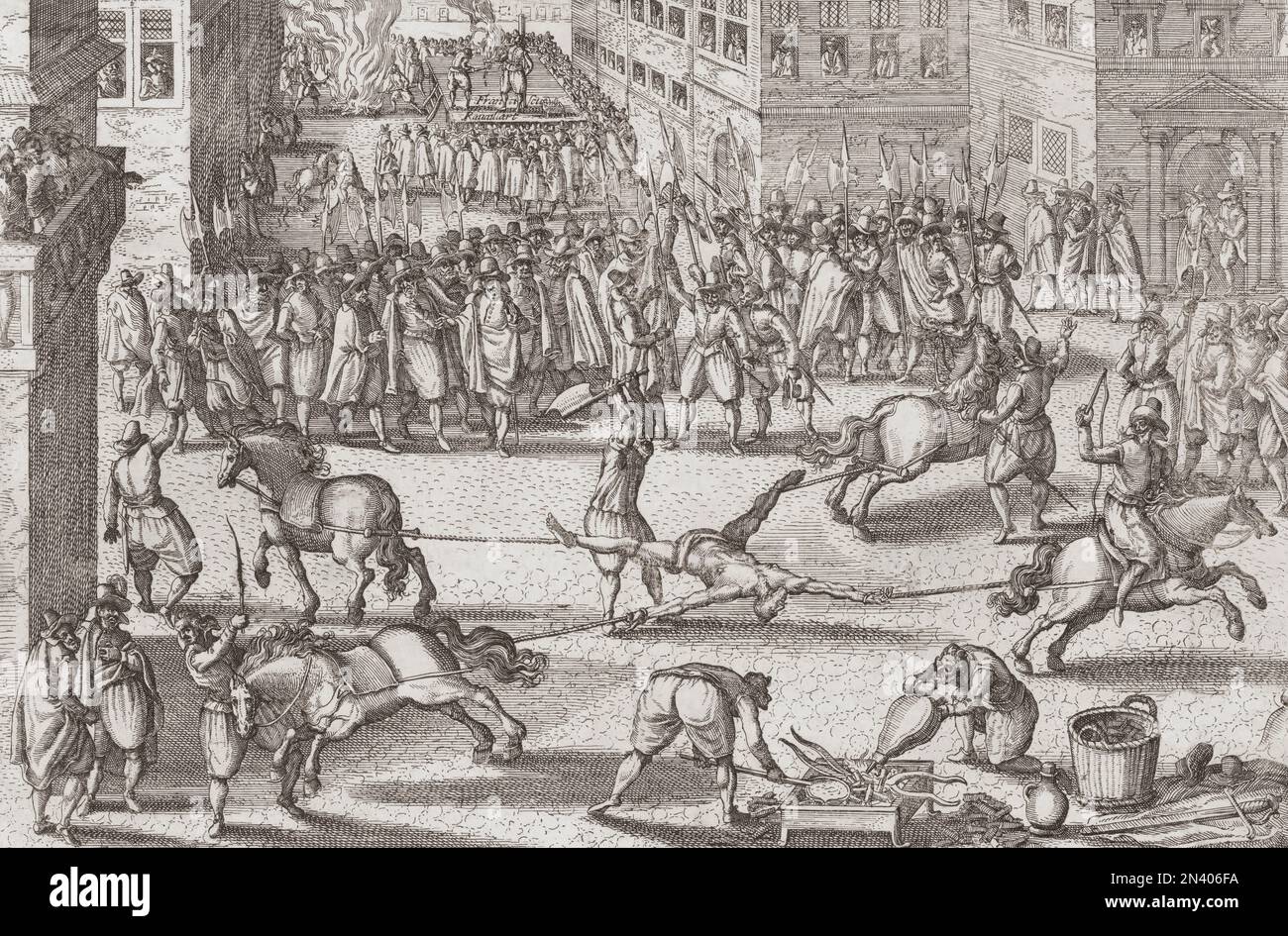 Hinrichtung von Francois Ravaillac, ca. 1578 - 1610. Ravaillac, ein fanatischer Katholik, tötete den französischen König Heinrich IV. In dem Glauben, der König würde einen Krieg gegen den Papst beginnen. Bei seiner Hinrichtung wurde er gefoltert und dann von vier Pferden auseinandergerissen, ein Tod, der für Regizide reserviert war. Nach einem zeitgenössischen Aufdruck. Stockfoto