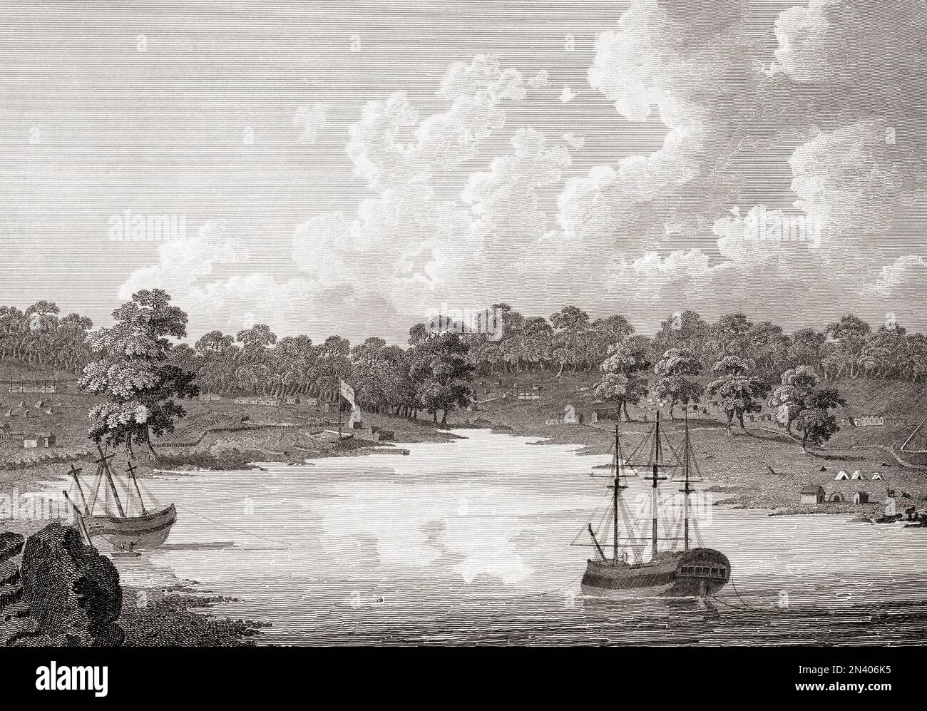 Blick auf die Siedlung in Sydney Cove, Port Jackson, 20. August 1788. Gezeichnet von Edward Dayes aus einer Skizze von J. Hunter. Stockfoto