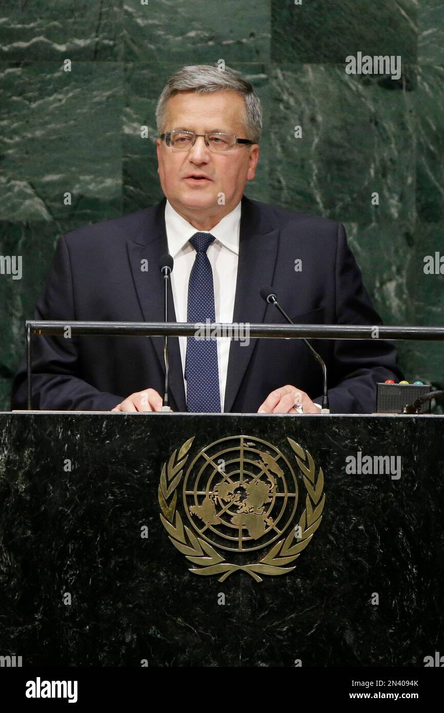 Poland's President Bronislaw Komorowski addresses the 69th session of the United Nations General Assembly Thursday, Sept. 25, 2014, at the United Nations headquarters. (AP Photo/Frank Franklin II) Stockfoto