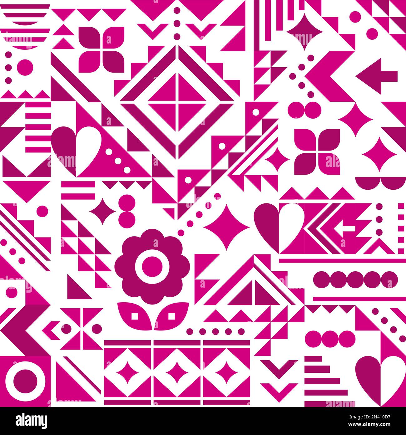 Von Bauhaus inspiriertes nahtloses Vektormuster mit Herzen, Blumen und geometrischen Formen in Pink auf Weiß, modernes abstraktes Design Stock Vektor