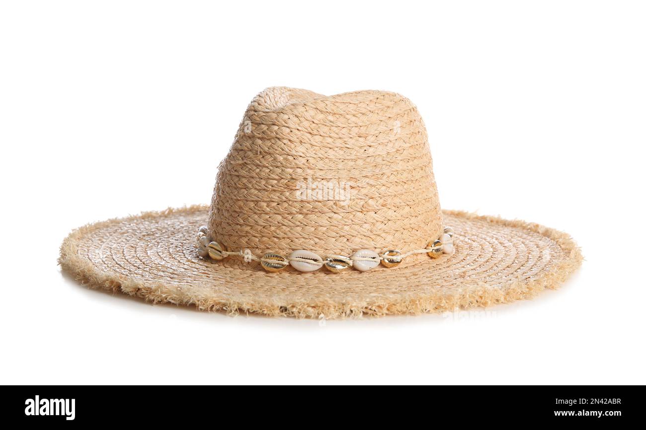 Modischer Hut isoliert auf Weiß. Strandzubehör Stockfoto