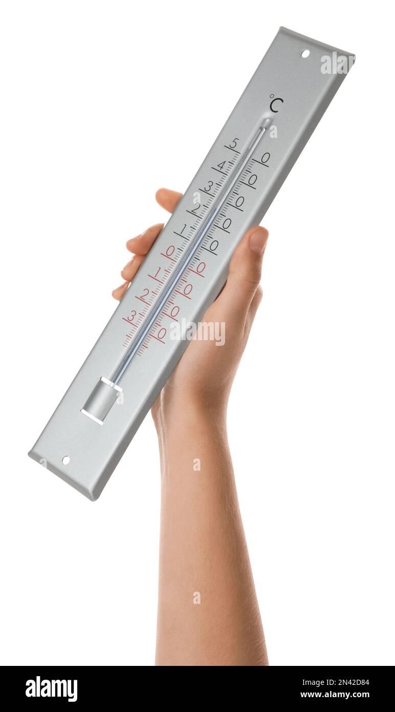 Frau mit Wetterthermometer auf weißem Hintergrund, Nahaufnahme  Stockfotografie - Alamy