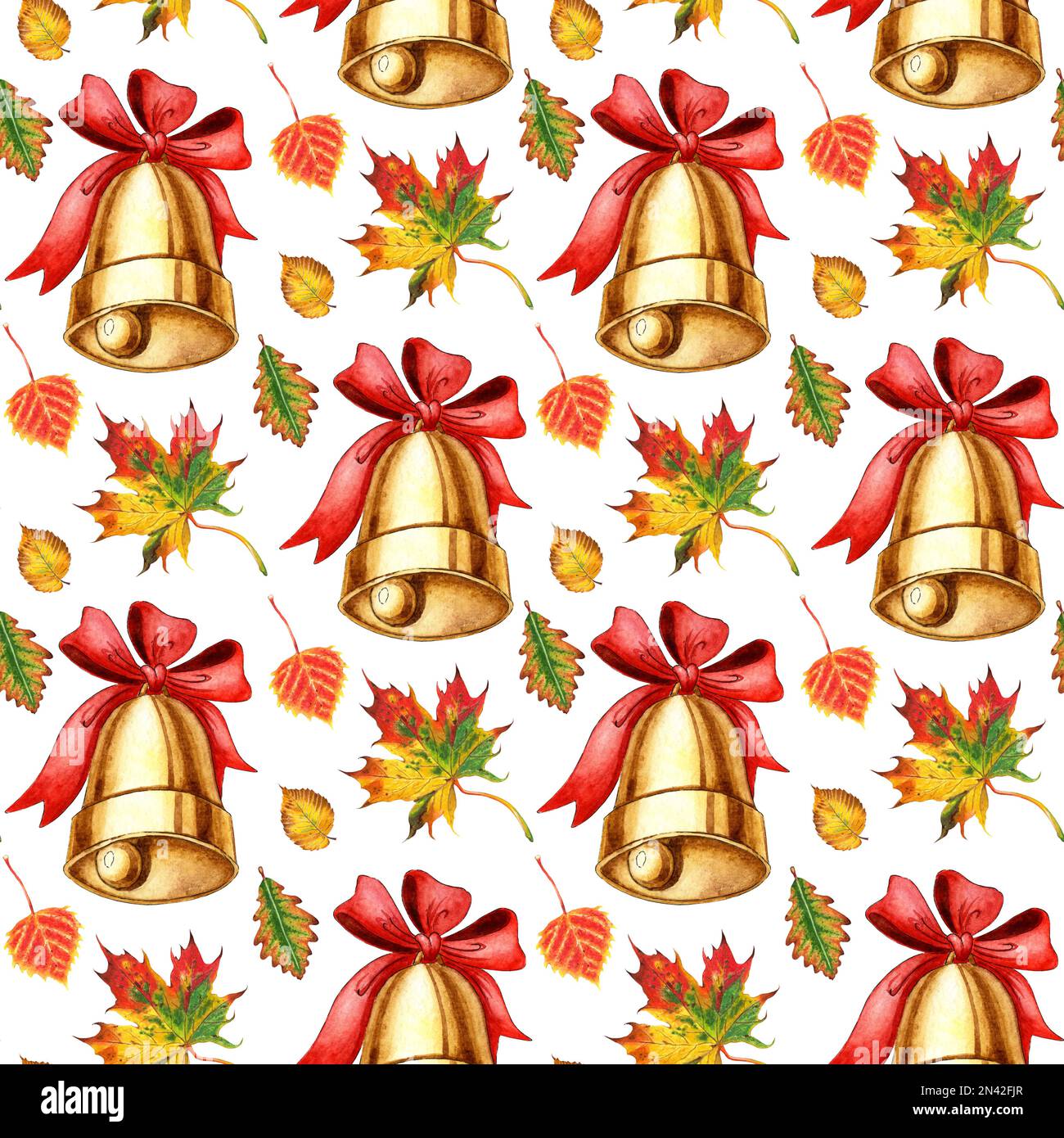 Goldene Metallglocke mit Aquarellmuster, roter Schleife und Herbstblättern auf weißem Hintergrund. Nahtlose Schulglocke, alte Glocke. Zurück zur Schule, das E Stockfoto