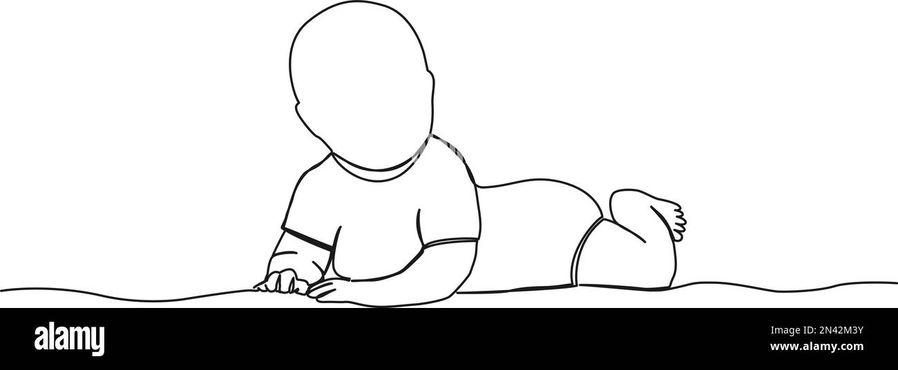 Fortlaufende einzeilige Zeichnung eines Babys oder Kleinkindes, das auf dem Bauch liegt und Kopf und Oberkörper anhebt, Strichgrafik-Vektordarstellung Stock Vektor