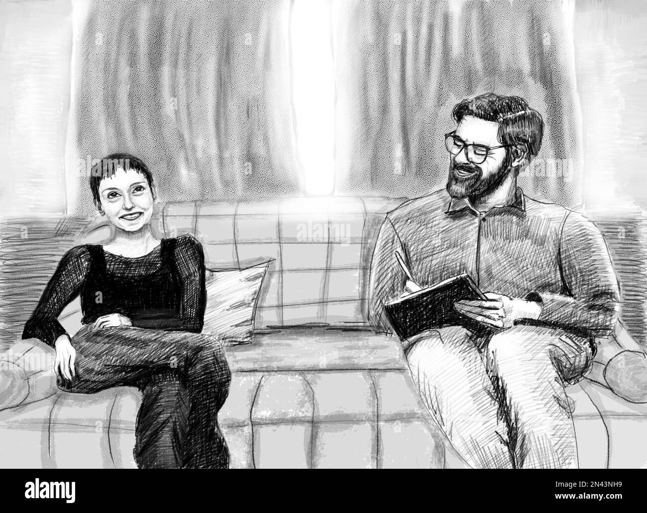 Psychotherapiesitzung. Ein Mann und eine Frau sitzen auf der Couch und unterhalten sich Stockfoto