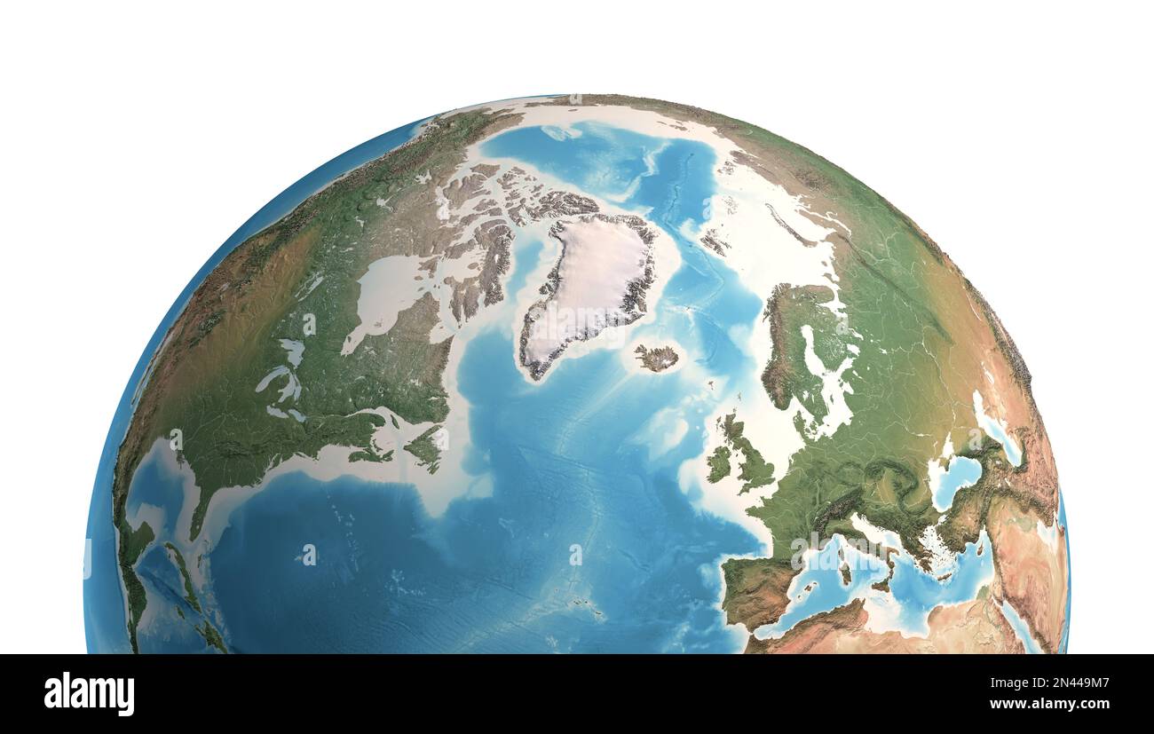 Hochauflösende Satellitenansicht des Planeten Erde mit Schwerpunkt auf Nordpol, Arktis und Grönland - Elemente der NASA Stockfoto