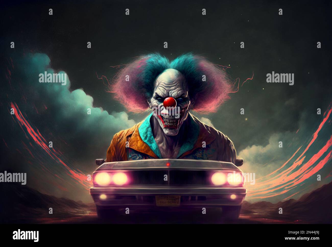 Albtraum Nummer Zwei. Ein teuflischer Clown-Wagen kommt nachts schnell auf uns zu. Stockfoto