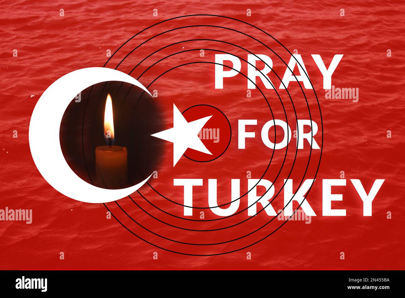 Erdbeben In Der Türkei, 6. Februar 2023. Ein trauriges Banner. Das Epizentrum des Erdbebens in der Türkei. Bete für die Türkei. Hintergrund der türkischen Flagge Stockfoto