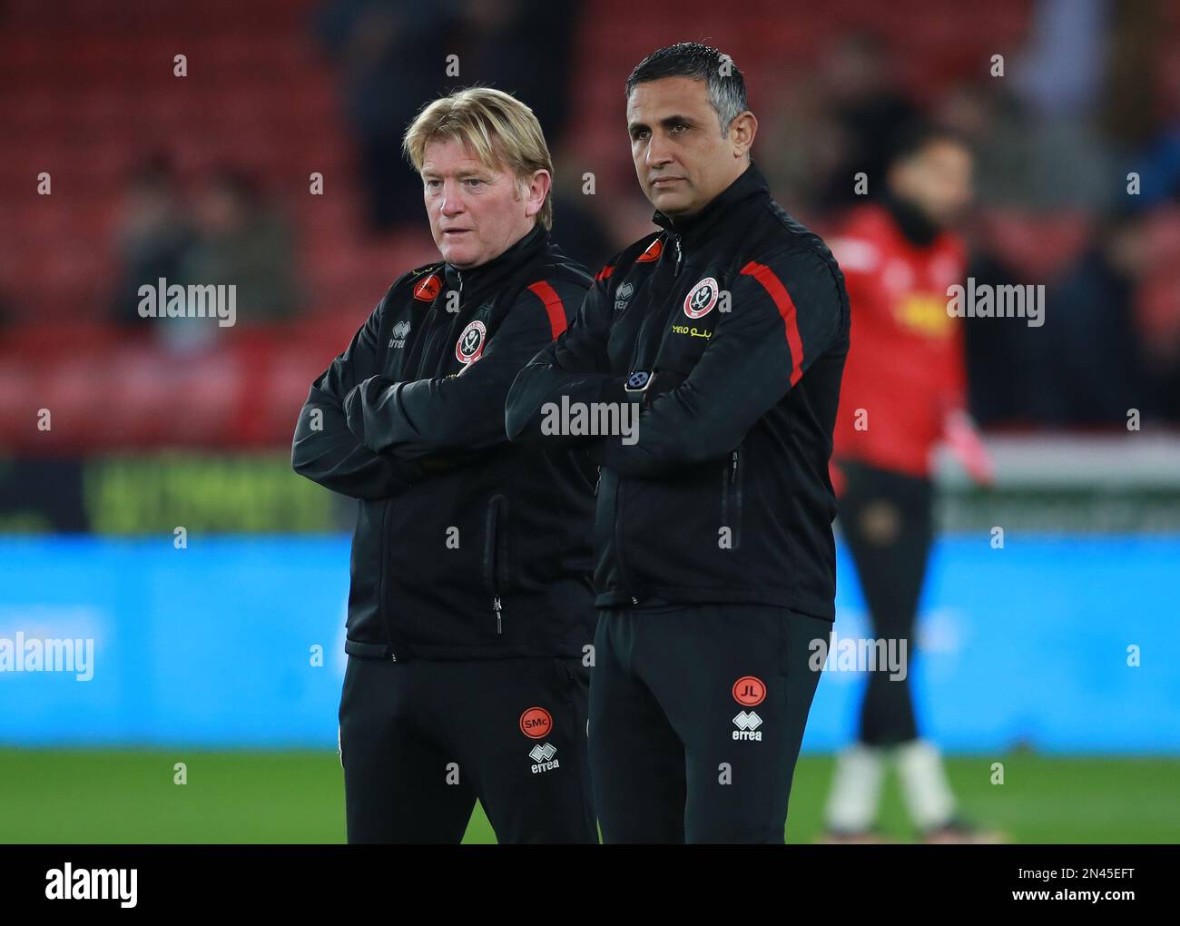 Sheffield, England, 7. Februar 2023. Stuart McCall Sheffield Utd Assistenztrainer und Jack Lester Sheffield Utd Assistenztrainer während des FA-Cup-Spiels in Bramall Lane, Sheffield. Das Bild sollte lauten: Simon Bellis/Sportimage Stockfoto