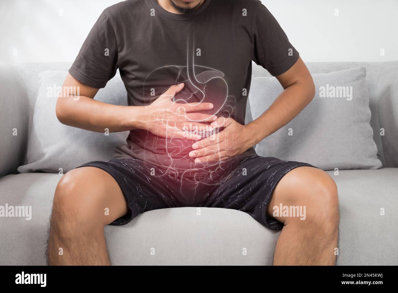 Die Darstellung der inneren Organe ist auf dem menschlichen Körper. Mann mit viszeraler Entzündung Stockfoto