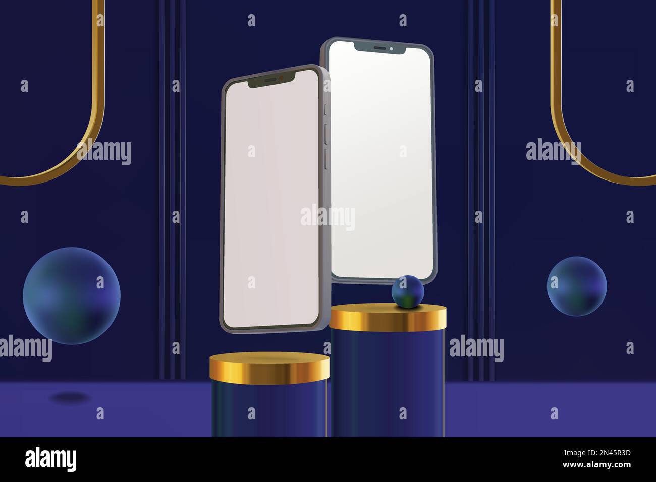 Luxuriöse Präsentation in Blau und Gold mit Vector 3D Smartphones Mockuo und Podium Stock Vektor
