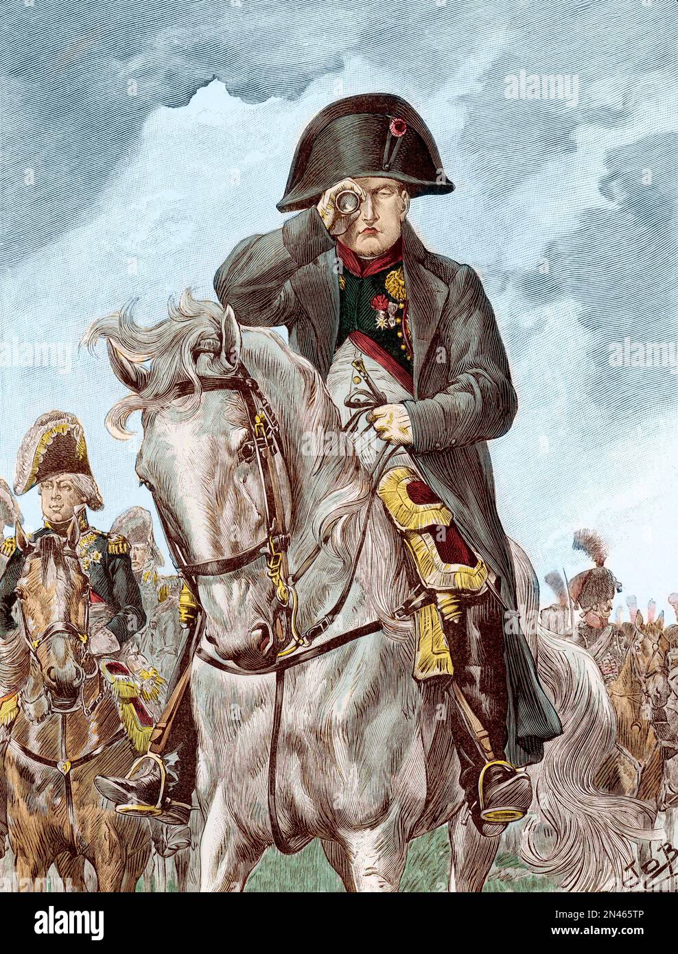 Napoleon auf dem Pferderücken vor seinen Truppen - Napoleon a cheval Devant ses troupes observant avec une longue vue - Gravure in 'La vieille Garde imperiale' par Jacques Marie Gaston Onfray de Breville dit JOB (1858-1931) Stockfoto