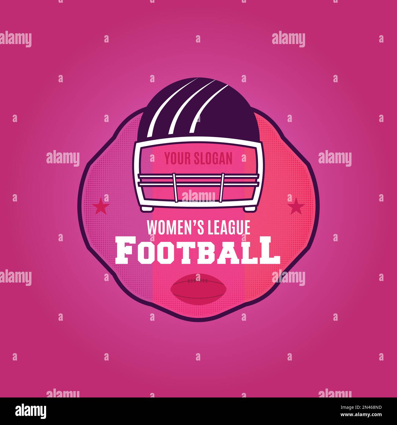 Vorlage für American Football-Logo. Ligaabzeichen für Damen mit Helm und Ball. Farbenfrohes Rugby-Emblem. Vektorbeschriftung auf pinkfarbenem Hintergrund isoliert Stock Vektor