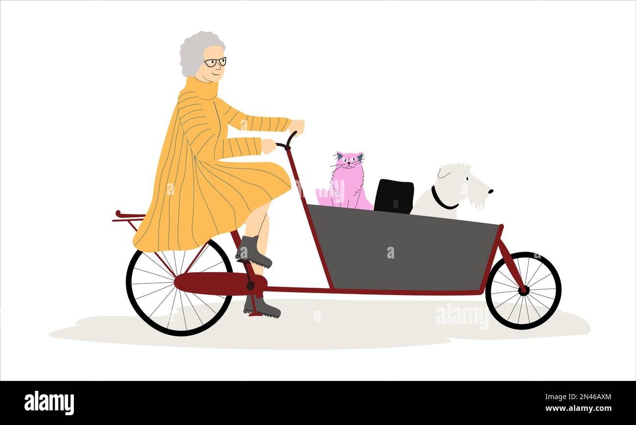 Seniorin, die mit ihren Haustieren, Katze und Hund an Bord fährt. Ältere Radfahrerin in eleganter Kleidung. Stock Vektor