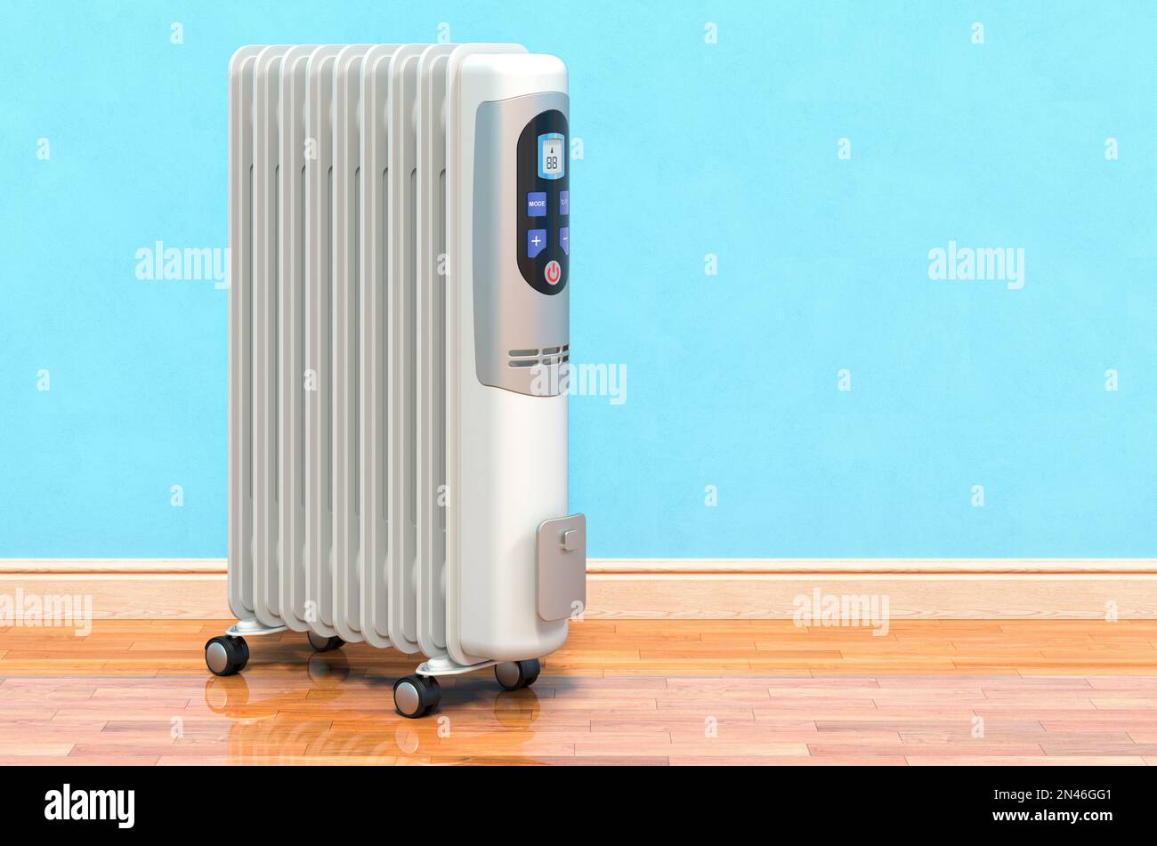 Elektrischer Ölerhitzer in Wandnähe, 3D-Rendering Stockfoto