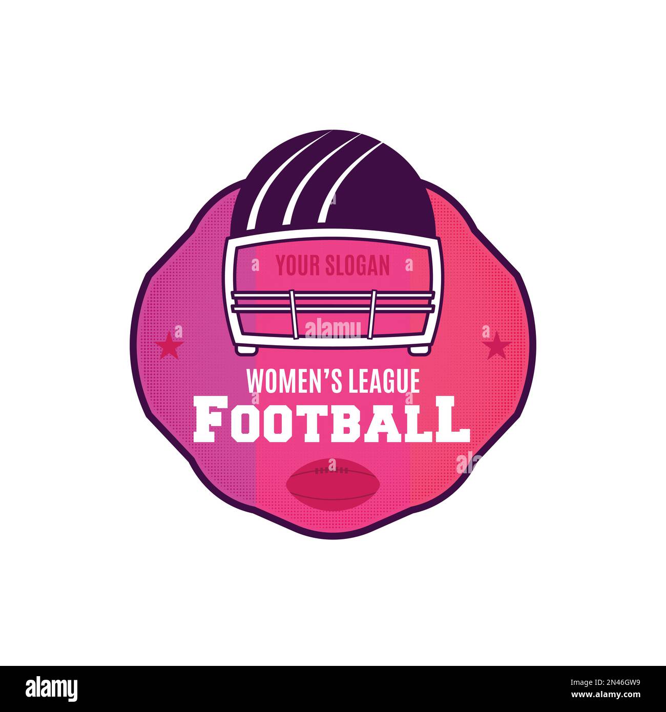 Vorlage für American Football-Logo. Damen-League-Abzeichen mit Helm und Ball. Farbenfrohes Rugby-Emblem. Vektorbeschriftung auf weißem Hintergrund isoliert Stock Vektor