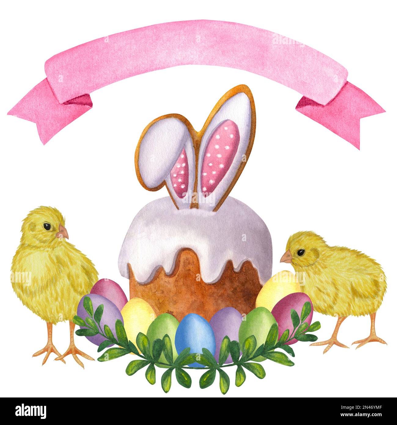Osterkuchen in weißer Glasur. Mehrfarbige bemalte Eier. Gelbe Hühner. Rosa Band. Handgezeichnete Aquarelldarstellung isoliert auf weißem Hintergrund. Stockfoto