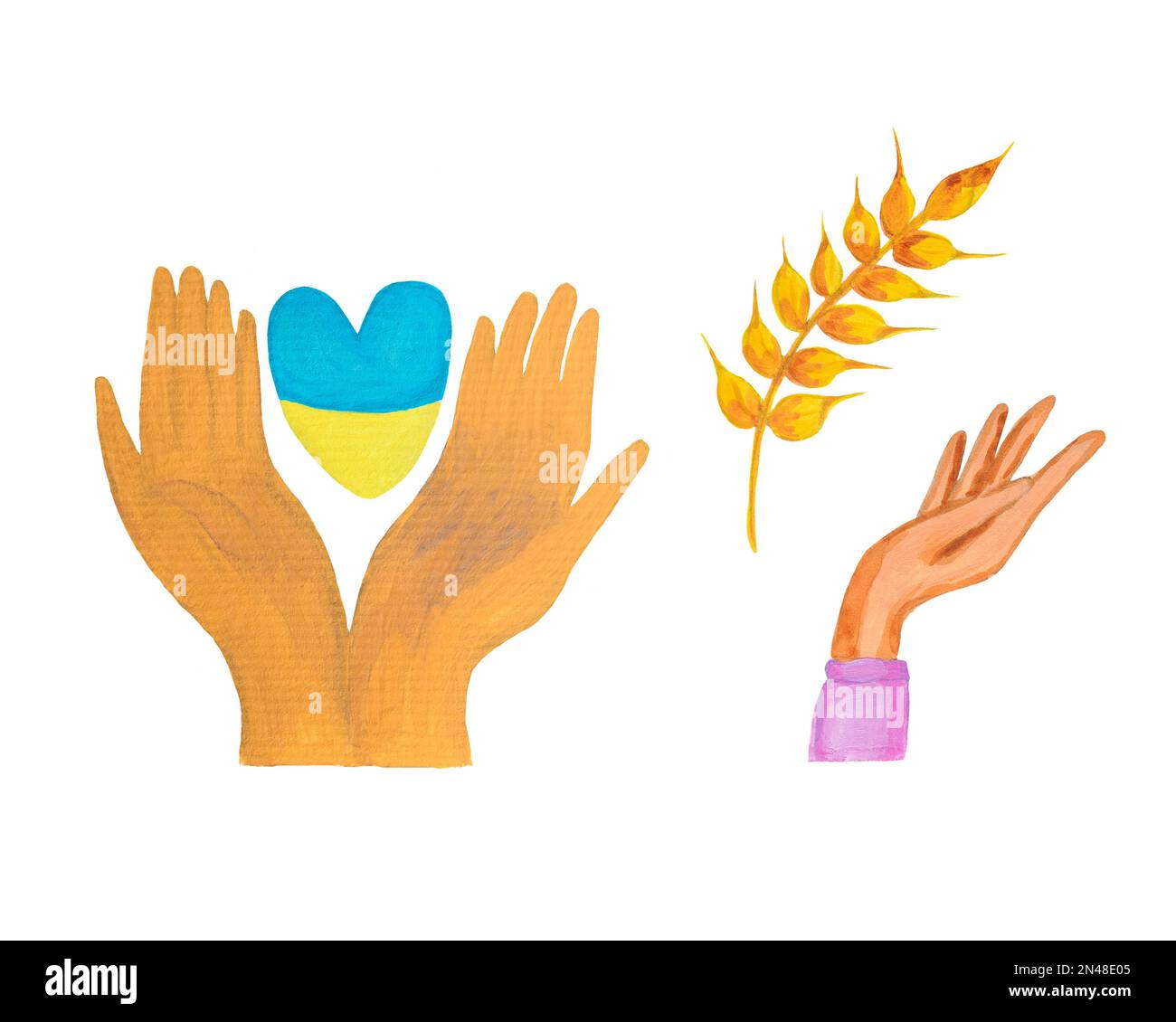 Von Hand gezeichnetes Herz, Hände und Weizen. Bete für die Ukraine. Frieden für die Ukraine in den symbolischen Farben der blauen gelben Flagge. Weißer isolierter Hintergrund Stockfoto