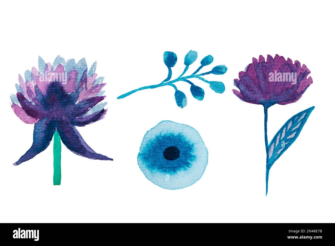 Set aus blauen und lila Aquarellblumen, isoliert auf Weiß. Indigo-Blau des Clipart, handgemalte Illustration. Stockfoto