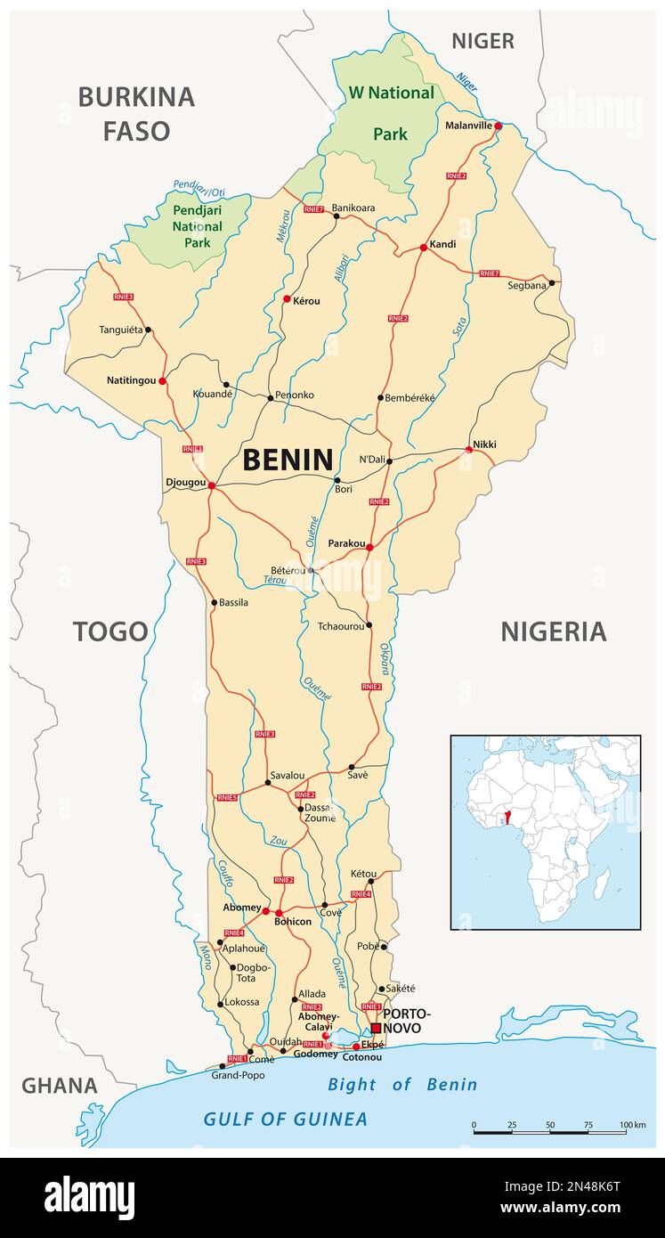Vector-Straßenkarte des westafrikanischen Bundesstaates Benin Stockfoto