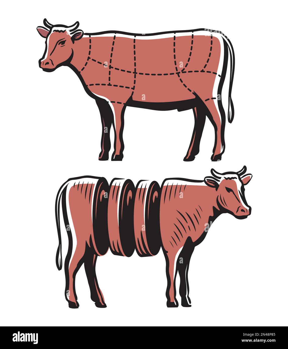 Bull, Rindfleisch, Diagramm, Schema. Metzgerei-Symbol mit Kuhfleischteilen. Klassisches Fleischdiagramm. Vektordarstellung Stock Vektor