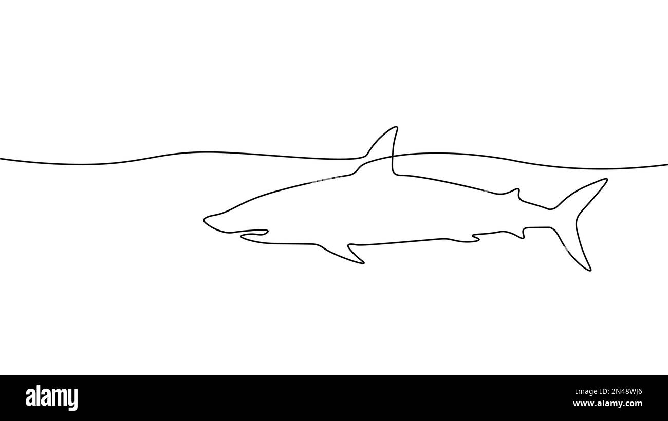 Ein-zeiliges Symbol für die Cybersicherheit von Haien. Silhouette Meeresfische aggressive Raubtiere Technologie Ikone. Digital, weiß, einzeilig Stock Vektor