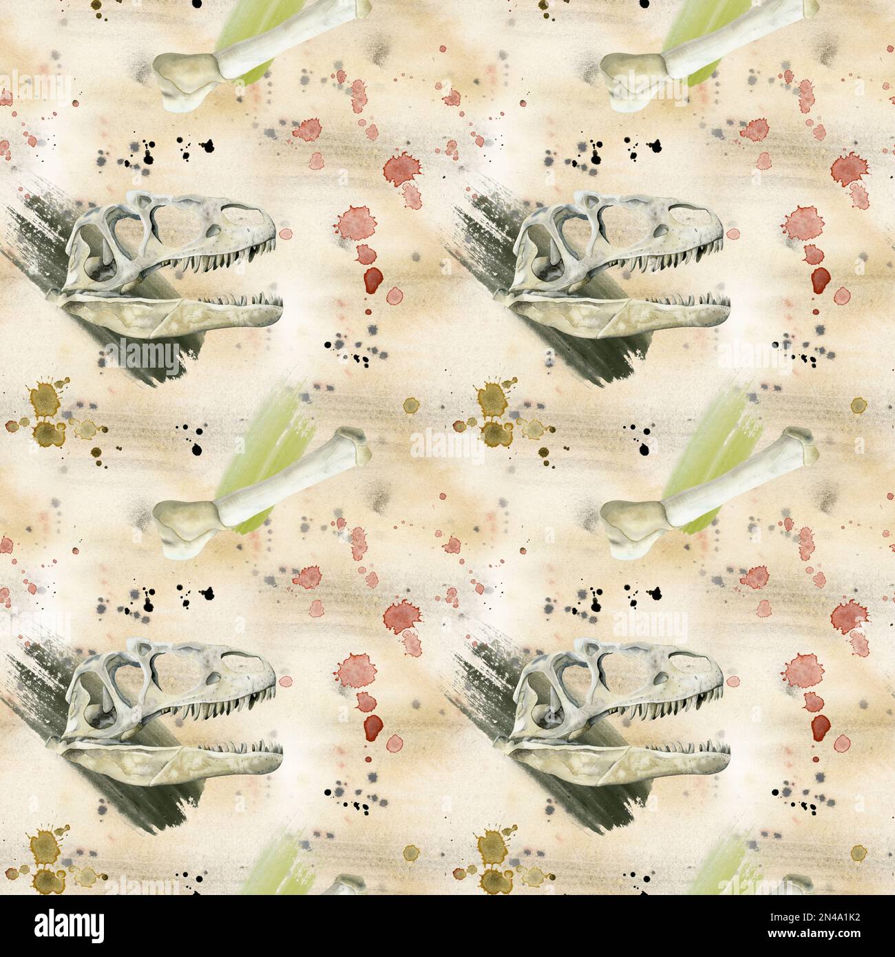 Nahtloses Dinosaurier-Aquarell-Muster mit Schädeln und Knochen auf beigefarbenem Sandhintergrund mit grünen und roten Spritzwasser und Strichen Stockfoto