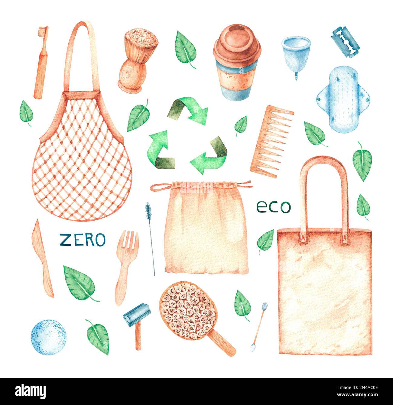 Aquarell im Stil von Zero West. Umweltfreundliche Hygiene und Haushaltsartikel. Speichern Sie das Naturset. Stockfoto