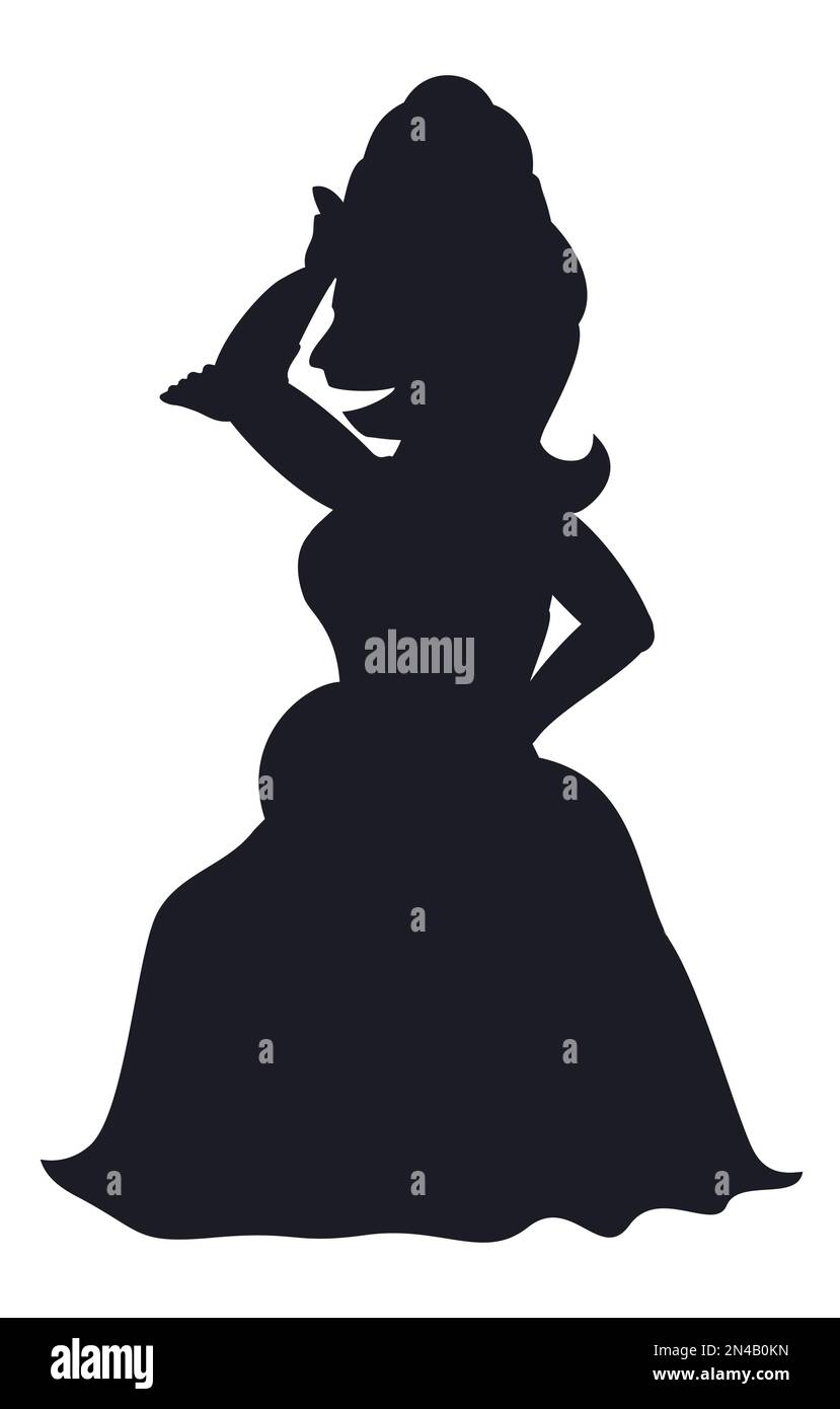 Dunkle Silhouette einer schwangeren Frau mit Lachausdruck und Hand im Kopf, in altmodischer Kleidung. Design isoliert auf weißem Hintergrund. Stock Vektor