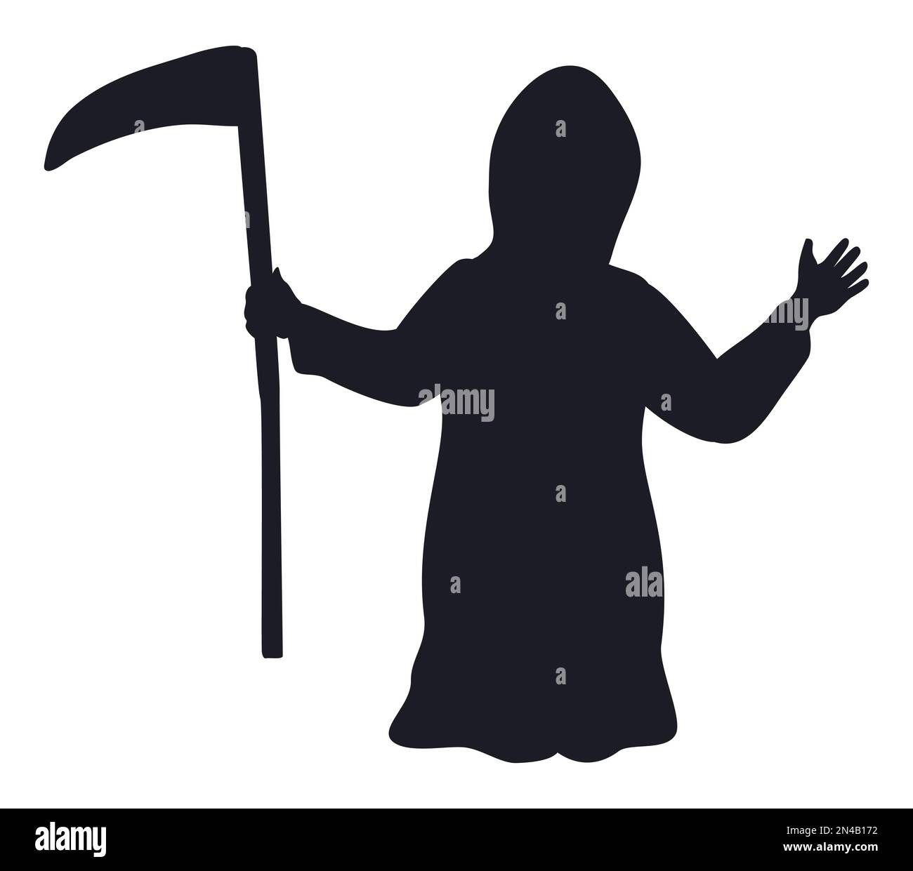 Todesfigur mit einer Sense in schwarzer Silhouettendarstellung auf weißem Hintergrund. Stock Vektor