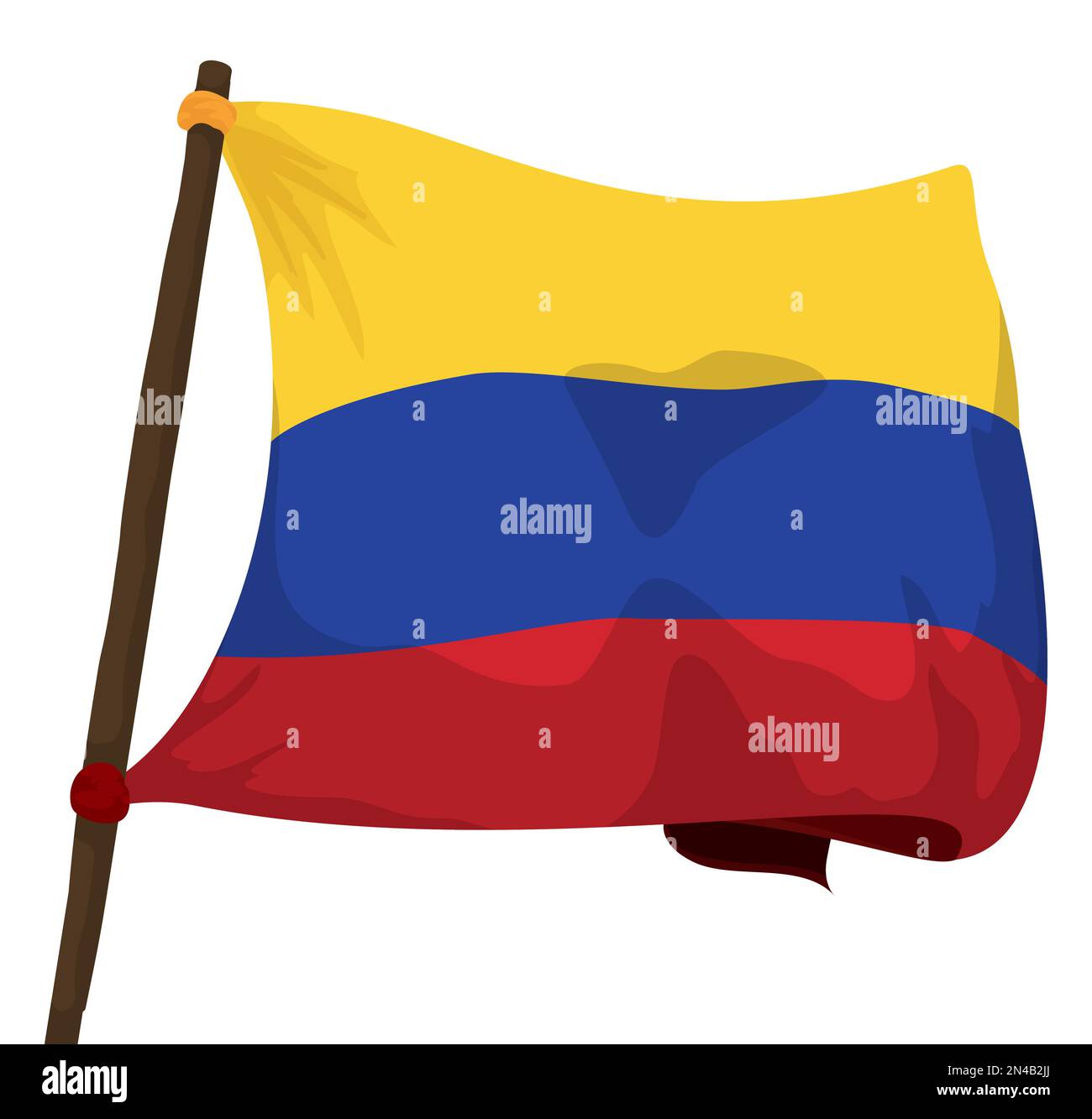 Die kolumbianische Fahne hing auf einem Holzpfosten und winkte im Wind. Design im Cartoon-Stil auf weißem Hintergrund. Stock Vektor