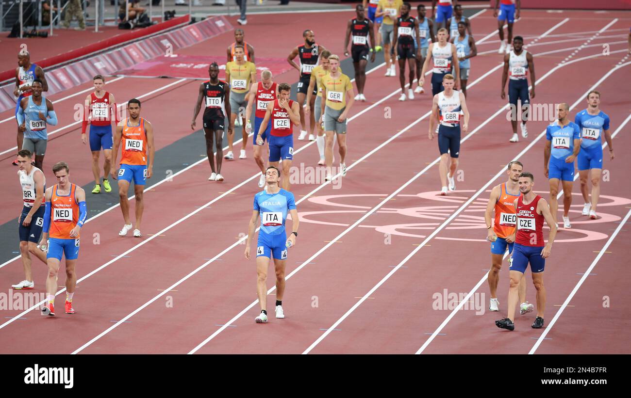 06. AUGUST 2021 - Tokio, Japan: Athletics 4 x 400 Relay Round 1 bei den Olympischen Spielen 2020 in Tokio (Foto: Mickael Chavet/RX) Stockfoto